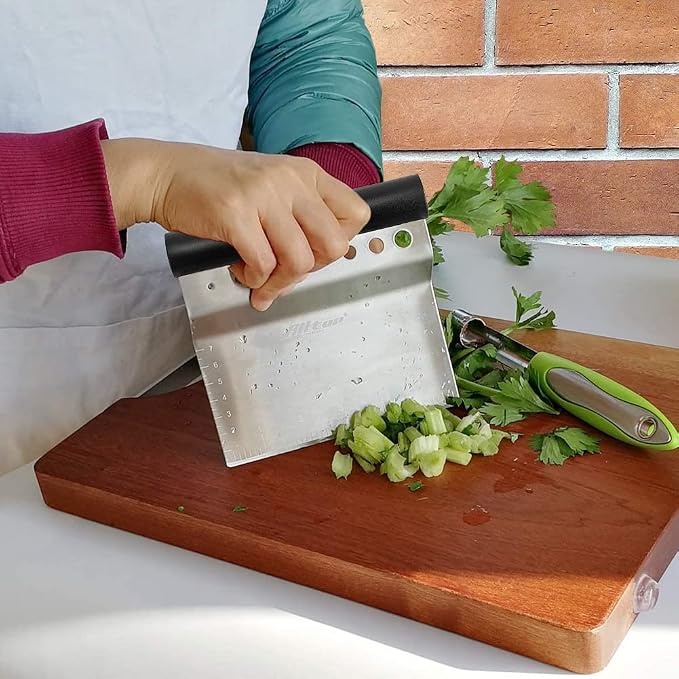ALLTOP Bench Scraper & Chopper with Herb Stripper,Stainless Steel Multipurpose Kitchen Baking Tool for Bread Dough Pastry Cake -Leaf Remover with Plastic Handle &Upgraded Protective Cover