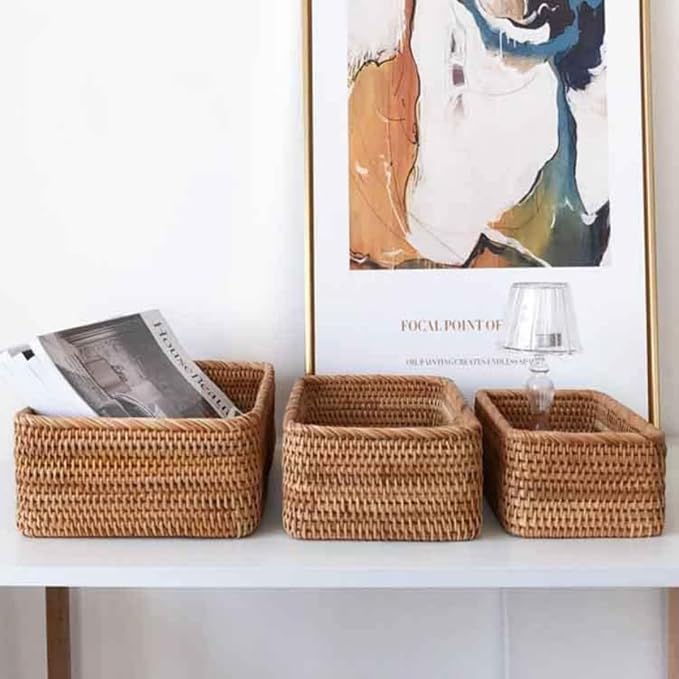 Natural Rattan Storage Baskets, Natural Rattan Fruit Storage Basket Rectangular Woven Wicker Box, Rectangular Woven Fruit Baskets, Wicker Organizer for Bathroom, Living Room (9.8" X 6.3" X 3.3")