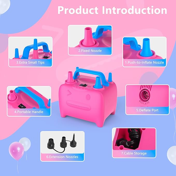 OWill Balloon Pump Electric, Multipurpose Balloon Inflator Electric Air Pump, Portable Dual Nozzle Balloons Air Pump Electric 600W Blow Machine for Party Decoration