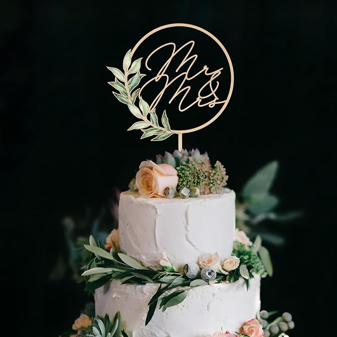 Mr & Mrs Cake Topper in Wood Greeny Wedding Cake Topper Decoration