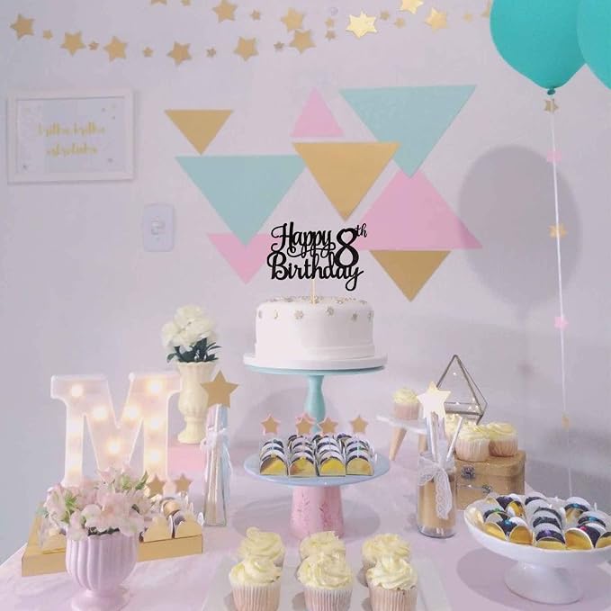 1 PCS Happy 8th Birthday Cake Topper Glitter Cheers to 8 Years Cake Pick Number 8 Fabulous Cake Decoration for 8th Birthday Theme Party Decorations Supplies Black