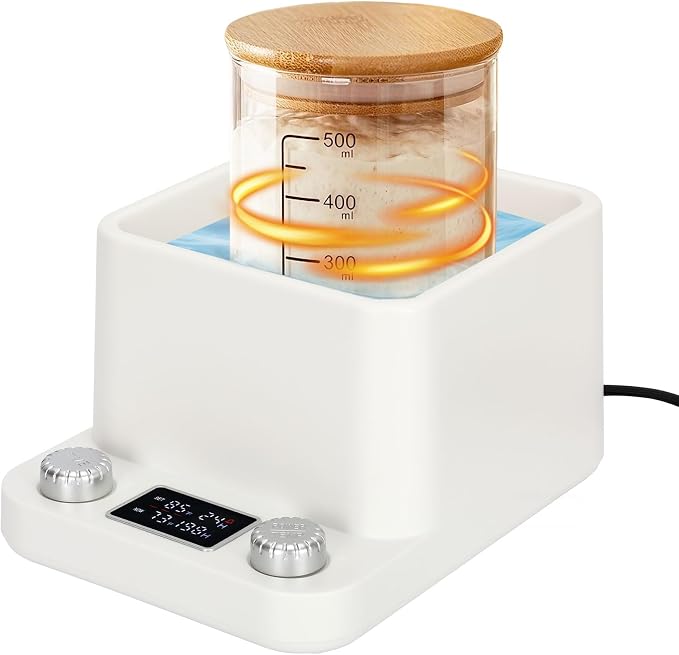 Sourdough Starter Warmer-Constant Temperature Water Bath Sourdough Warmer-1°F Precise Thermostat (70-104°F)-198H Memory Timer Smart Yeast Feeding Heater-Fits Jars Up to 40oz