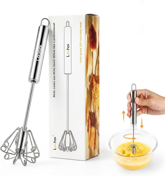 Upgraded Stainless Steel Semi-Automatic Whisk, Easy Push Hand Whisks for Eggs, Cream, Coffee & Light Mixing, Easy Clean Kitchen Whisk for Everyday Cooking (10in)