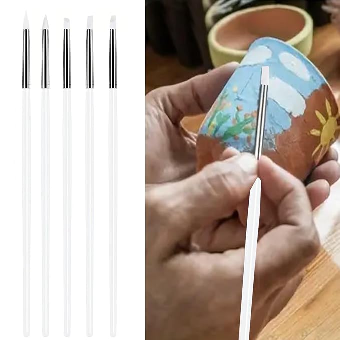 5Pcs Silicone Sculpting Tools, White Clay Sculpting Tools, Multi-Shape Silicone Brushes, Pottery Modeling Tools for Polymer Clay, Ceramics, Nail Art, Fondant & Craft DIY