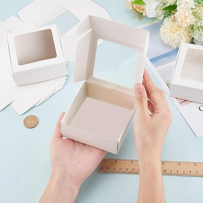 BENECREAT 20 Pack White Kraft Paper Boxes with Clear Window 3.6x3.6x1.4 Gift Packaging Boxes for Bakery Cookies Cake Candy Wedding Party, Christmas Festival Gift Packaging