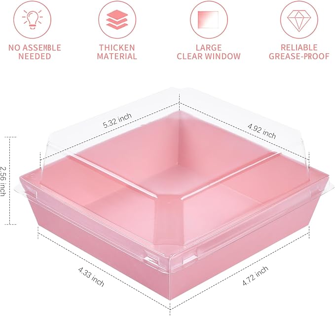 Ocmoiy Small Charcuterie Boxes with Clear Lids, To Go Paper Disposable Food Containers, 5 Inches Bakery Dessert Boxes for Sandwich, Cookie, Pastry, Cake Slice (Pink, 50ct)