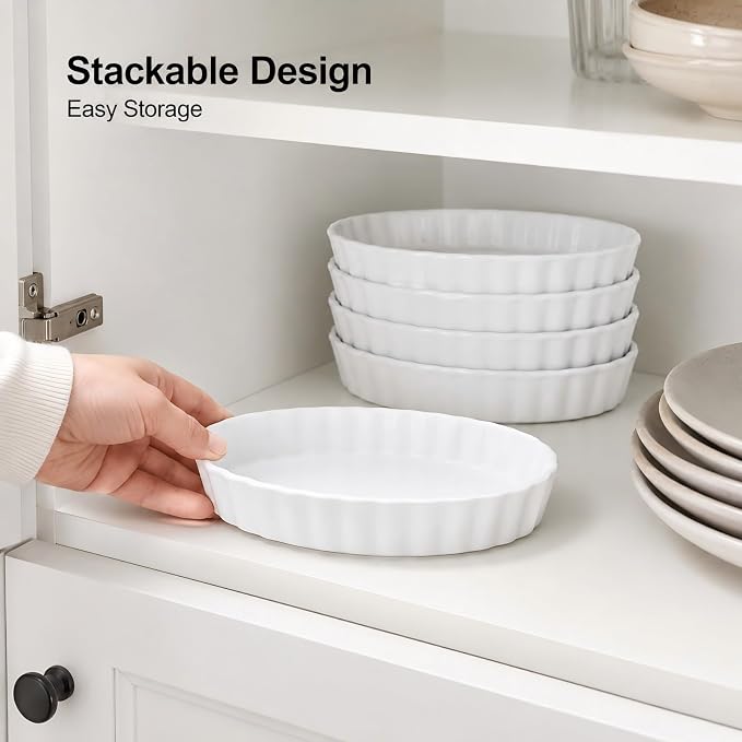 4-Piece Porcelain Baking Dish Set - 4 OZ 5.2 Inch Small Ramekins Pie Pans, Oven Safe Ramekins for Quiche, Tart, Dessert, Creme Brulee, Au Gratin | Stackable, Dishwasher Safe