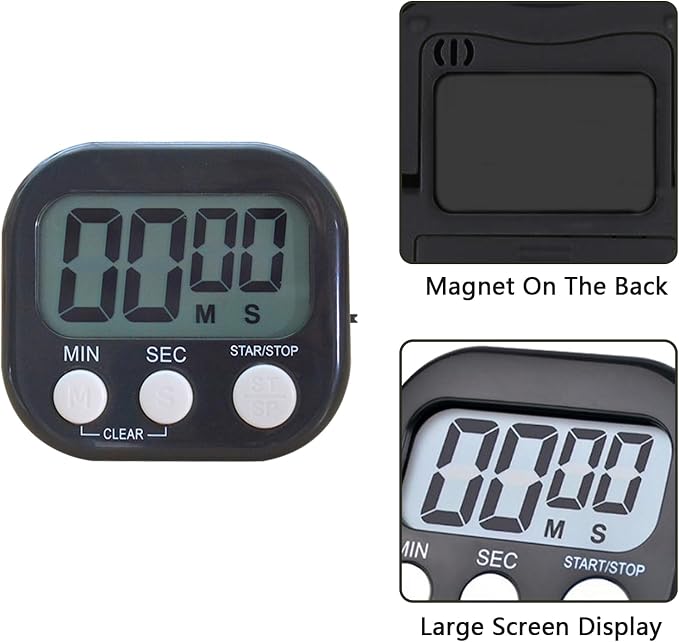 Small Digital Timer for Kitchen Cooking Baking Sports Office Meeting Multi-Function Count Up Countdown Magnetic Backing and ON/Off Switch Desk Electronic Timer (Black)