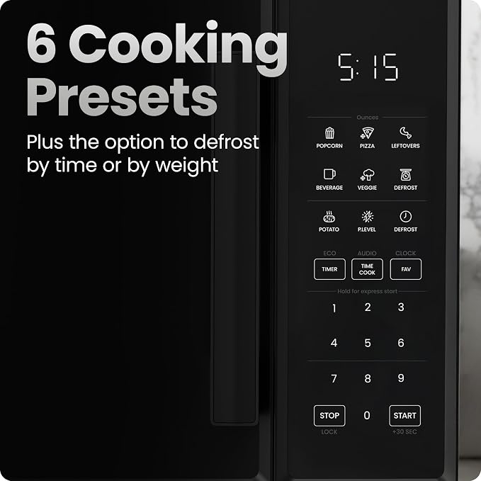 Chefman Countertop Microwave Oven 0.9 Cu. Ft., 900 Watts with 10 Power Levels, 6 Cooking Presets with One-Touch Express Cook, Eco Mode, Child Safety Lock, & Mute Button - Black