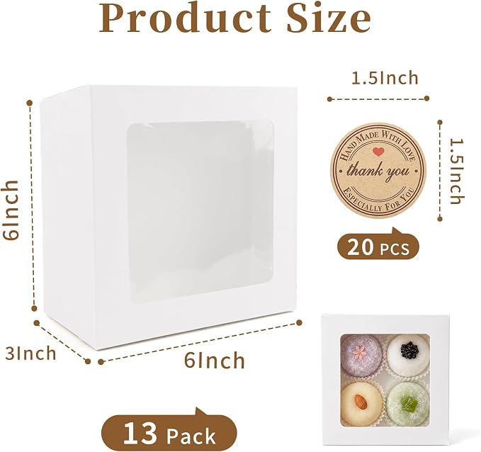 Homrelaxy 13 Pcs White Bakery Boxes with Window - 6x6x3 Inches Cardboard Cookies Boxes with Stickers for Macaroon, Pastries, Donuts, Cupcakes, Cookies and Chocolate Strawberries
