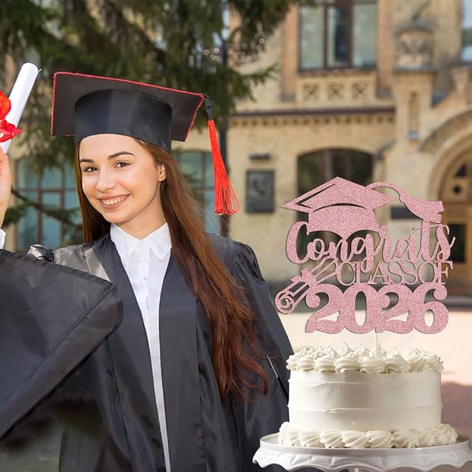 Congrats Class Of 2026 Cake Topper, Glitter Graduation Party Supplies - High School College Graduates -College Graduate Cake Topper Decorations Supplies (Rose gold)