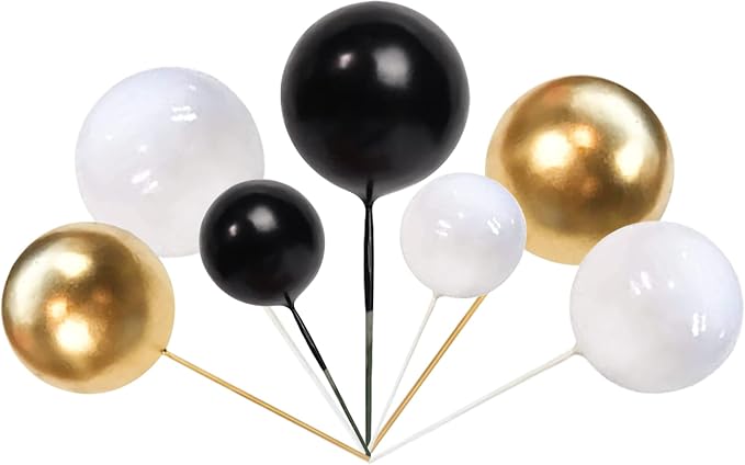 24 PCS Balls Cake Toppers - Ball Shaped Cupcake Toppers & Mini Balloons Cake Decorations for Wedding, Baby Shower & Birthday Parties - Black, White & Gold