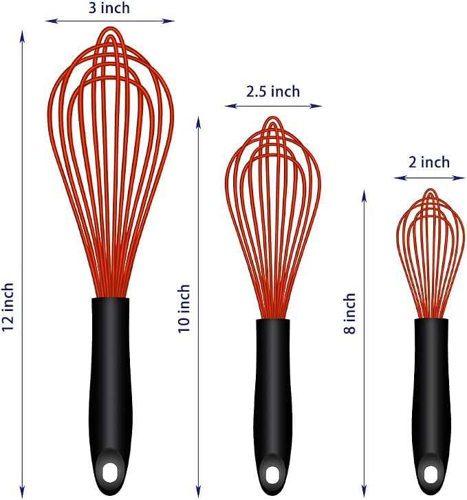 OYV Red Silicone Whisk, Sealed Waterproof Design Set of 3, Professional Kitchen Whisks for Cooking Non-Scratch, Silicone & Stainless Steel Whisk, Heat Resistant 480°F Balloon Egg Beater
