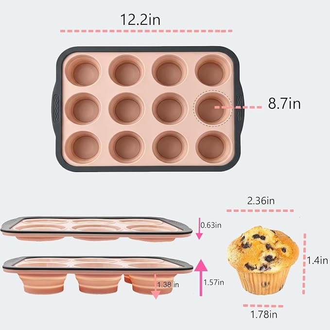 Silicone Muffin Pans for Baking with Metal Frame, 12 Cup Silicone Muffin Pan, Nonstick Cupcake Pan, BPA Free Muffin Tins Easy to Pop Cupcake Baking Pan Molds for Oven Dishwasher Safe Pink