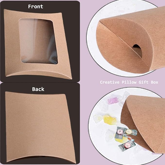 50 Pcs Pillow Gift Boxes with Windows,Kraft Paper Mini Pillow Packaging Box, Creative Favor Box Folding Treat Boxes with Clear Window for Bakery Candy Chocolate Jewelry Display Wedding Party Favor (kraft-Big)