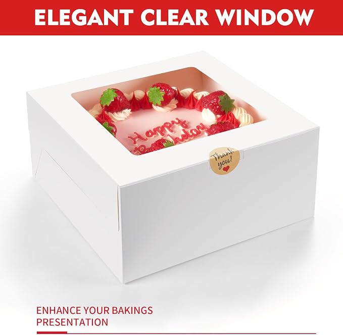 5 Pack Cake Boxes, 10x10x5 Inches Cake Boxes with Boards, White Square Bakery Boxes with Window, Disposable Cake Containers with Lids for Pastry Pie Cookies Chocolates Wedding Birthday Party