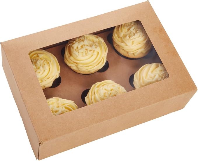 Juvale Cupcake Boxes - Clear Window Display - Easy Assembly for Muffin Packaging - Food Grade Cupcake Containers - Pack of 24, 6-Count, Brown Paperboard, 9.4 x 6.2 x 2.9 in
