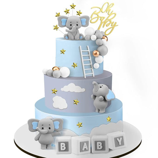 Yinder Bear Cake Toppers Mini Bear Cake Decorations Cake Toppers Gold White Pearl Ball for Birthday Party Decorations(Gray,Elephant Style)