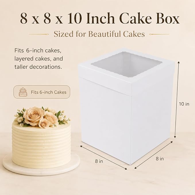 JCD Heavy-Duty 8x8x10inch Corrugated Cake Boxes Fits 6in Double Layer Cakes | White thick shockproof corrugated boxes anti-collapse; 10in extra height fits birthday cake toppers,bakery cake packaging