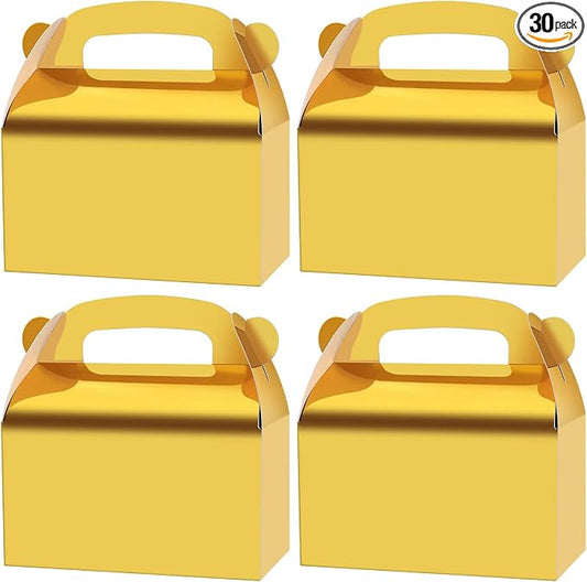 30Pcs Gold Party Favor Treat Boxes Goodie Paper Gable Gift Box | Candy Boxes with Handles Perfect for Wedding, Birthday, Graduation, Babyshower.