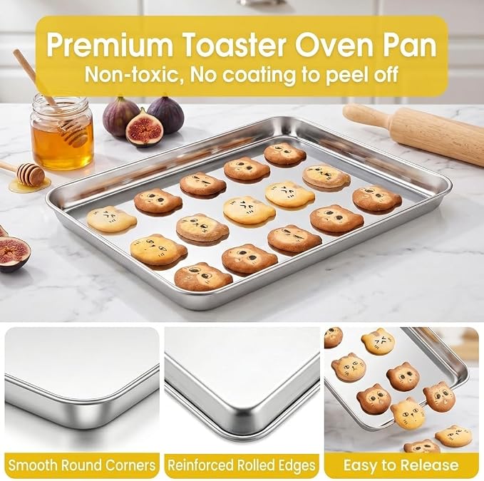TeamFar Toaster Oven Pan Set of 2, Stainless Steel Toaster Oven Baking Tray Ovenware, 12.5’’x 9.5’’x1’’, Non Toxic & Healthy, Rust Free & Mirror Finish, Easy Clean & Dishwasher Safe
