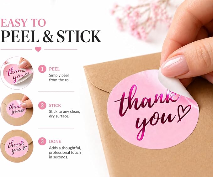 500 Pcs Thank You Stickers – 1.5” Pink Round Labels with Purple Hot Stamping Foil Script & Heart Design, Elegant Small Business Packaging Stickers for Bags, Boxes, Envelopes & Party Favors