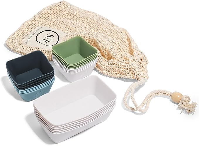 The Silicone Kitchen Reusable Silicone Bento Baking Cup, Non-Toxic, BPA Free, Dishwasher Safe Bento Box Accessories Lunch Box Dividers, Square and Rectangle, 24 Pack, Blue, White, Green
