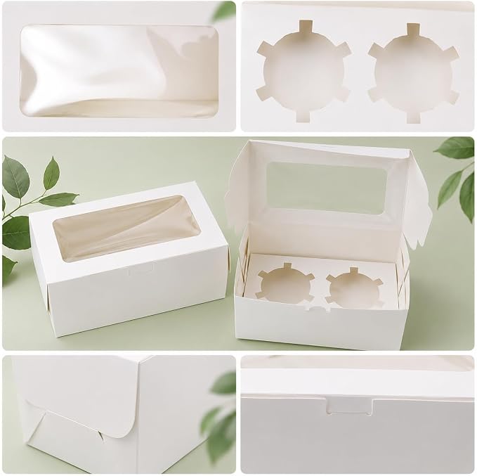 PRALB 50Pack White Paper Cupcake Boxes with Pvc Window and Two Treat Holder, Pastry and Cookie Box,Cupcake Containers Bakery Cake Box,Auto-Popup Cupcake Carriers Bakery Cake Box(6.3x3.5x3inch)