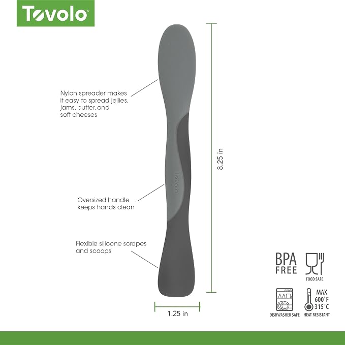 Tovolo Mini Scoop and Spread Tool for Kitchen Meal Prep Small Sandwich Spreader Spatula for Peanut Butter Jelly, Silicone BPA Free Dishwasher Safe Scooper Spreader, Charcoal and Oyster Gray