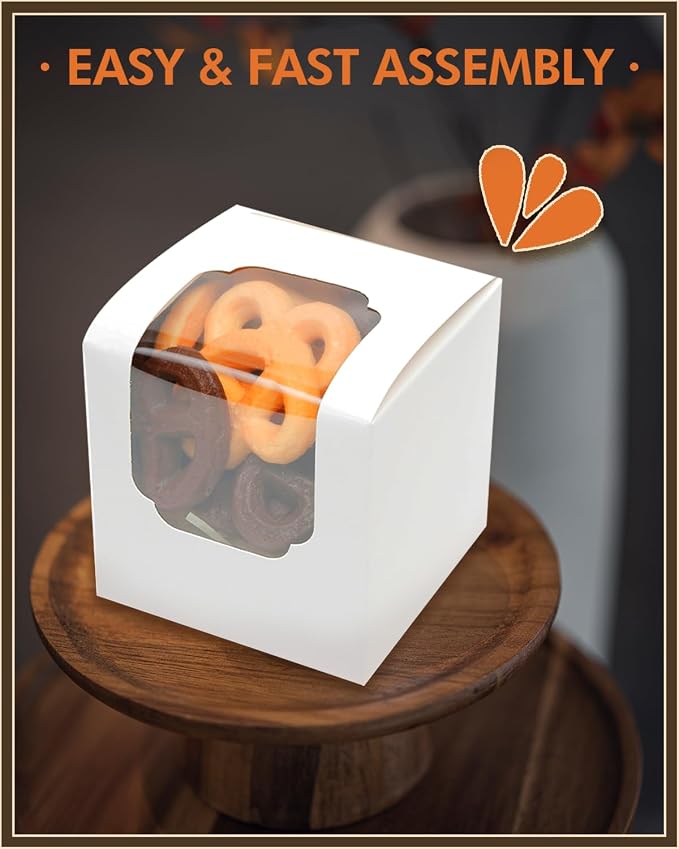Bakepacker Auto-pop up Cupcake Boxes 200-Packs White 3.5" x 3.5" x 3.5", for Cake, Treat Cookie Dessert, Pastry, Birthday Party, Weddings