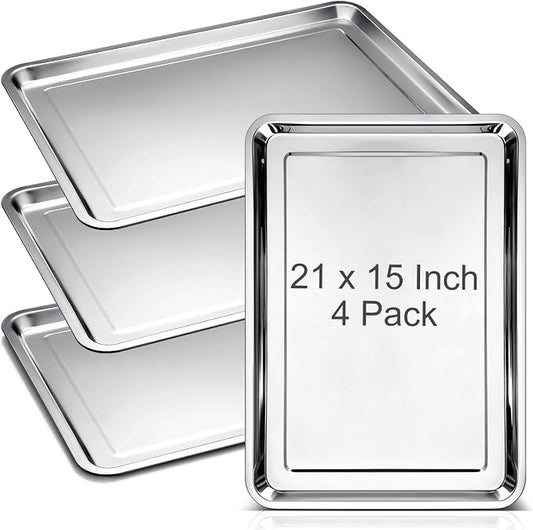 Ceenna 4 Pack Full Sheet Pan 21 x 15 Inch Baking Cookie Sheet Extra Large Nonstick Pan Roasting Steel Tray Commercial Quality Pans for Oven Restaurant Kitchen
