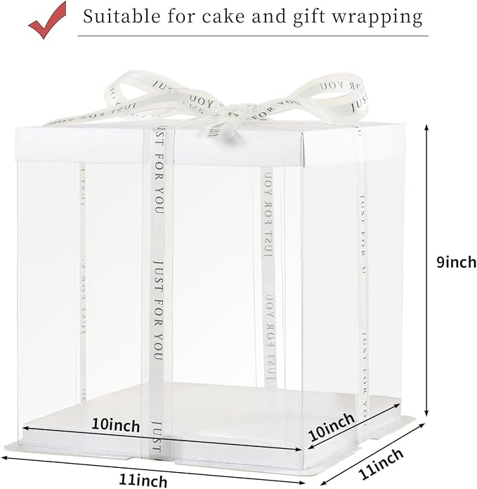 JCD 6Pcs Multi-Layer cake box，Large Cake PET Clear Box, 10" X 10" X 9" with ribbon and pre-folded lid, for 8" cake packing , baking cookie display, Carry Tall Layer box (White Lid, 10*10*9inch/6Pcs)