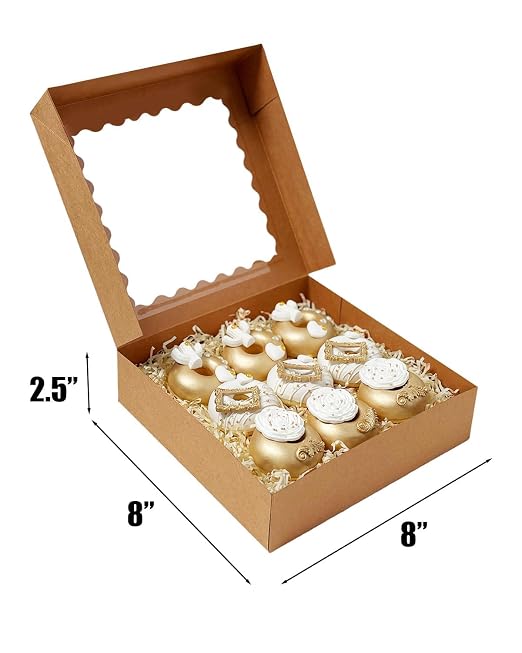Bakepacker 55pcs Brown Pie Boxes 8x8x2.5 inches Easy Assemble Macaroon Bakery Boxes Cookie Boxes with Window for Bakery (Auto-pop Up)