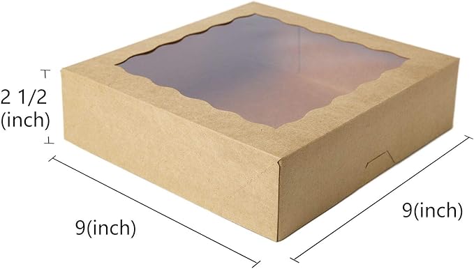 ONE MORE [25pcs] 9inch Kraft Brown Bakery Boxes, Large Pie Boxes with PVC Window Natural Disposable box for Cookie 9x9x2.5inch,25 of Pack