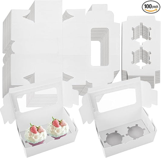 AKOLAFE 100 Set White Cupcake Boxes 2 Cupcake Holder with Lid To Go Cupcake Containers Reusable Cardboard Cupcake Boxes Bulk with Clear Window Cupcake Carrier for Cup Cake Packaging Transport Storage