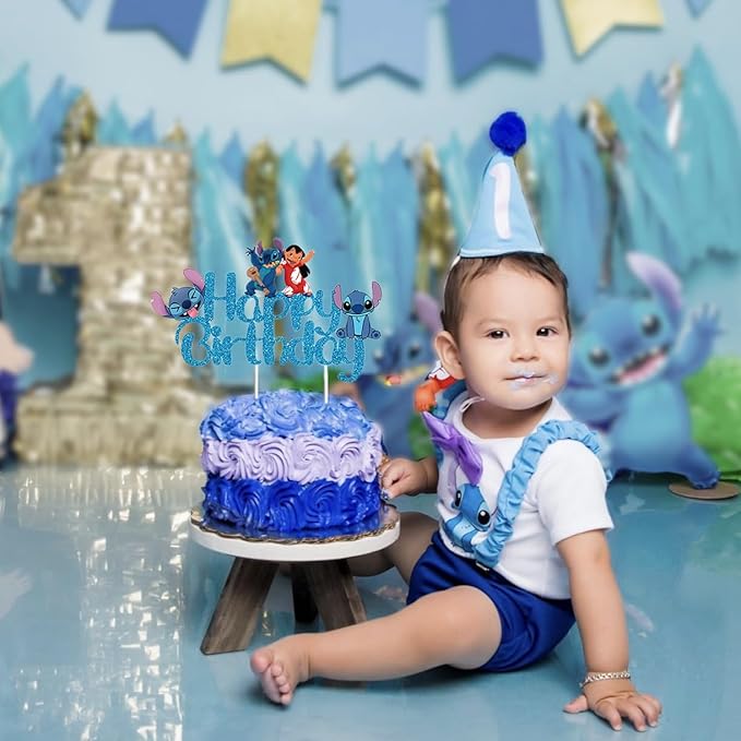 Blue Cake Topper, Glitter Happy Birthday Cake Decorations, Boys Girls Cute Cartoon Theme Party Supplies