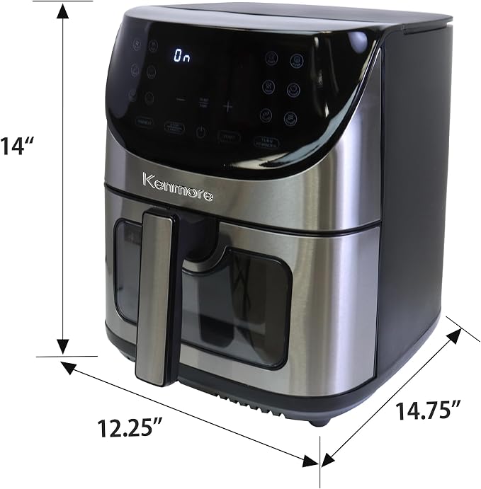 Kenmore Air Fryer - 8 quart aerogrill, non-stick frying basket, french fry, digital touch screen, 12 presets, freidora eléctrica, countertop cooking kitchen appliance, stainless steel, black
