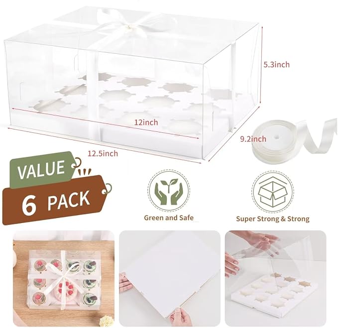 6Pcs Clear Cupcake Boxes,12 Count Cupcake Containers with Gift Ribbon,Plastic Cupcake Carrier Holder for Dessert Cookies Muffins Pastry(White/clear, 12 Count/6ps)