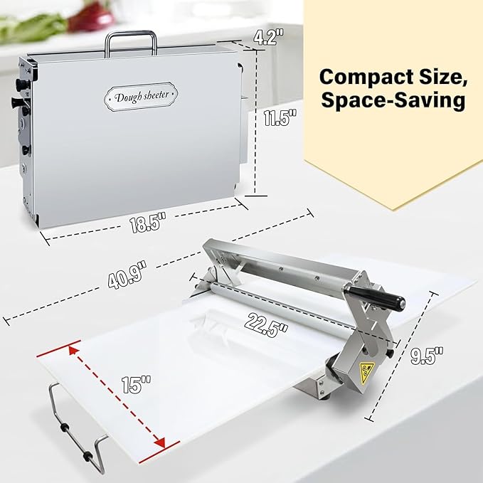 40.9''x15.5" Folding Dough Sheeter with Sheeter Board Manual Dough Roller Machine Stainless Steel Sheeter Thickness Adjustable