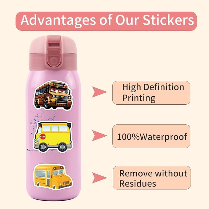 55Pcs School Bus Stickers, Yellow Bus Vinyl Decals for Water Bottles, Laptops, Luggage, Scrapbooks, Journals & Themed Decor (School Bus)