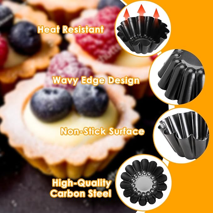 12 pcs Egg Tart Molds, 3.6" Mini Tart Pans, 1.2'' Deep Non-Stick Carbon Steel Mini Tart Panw/Oil & Dish Brushes for Cupcake Cake Muffin Mold Tin Pan, Baking Set Tool