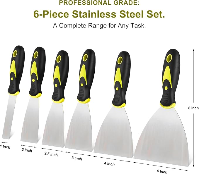 6Pcs Putty Knife, Spackle Knife, Premium Stainless Steel Paint Scraper, Scraper Tool, Perfect For Repairing Drywall, Removing Wallpaper, Mud, Plaster Scraping, Spackle Knife Set (1" 2" 2.5" 3" 4" 5"）