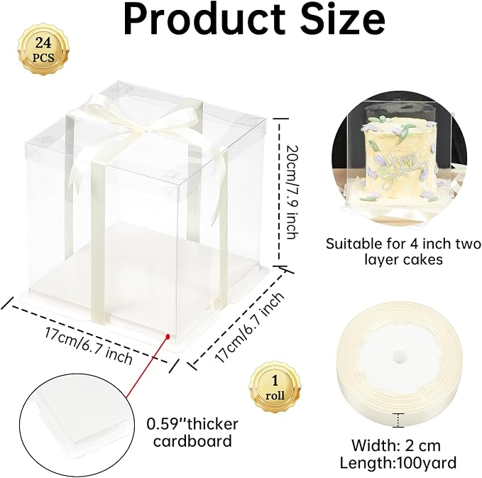 24 Pcs Clear Gift Box with Ribbon 2-Layer 6.7x6.7x7.8 Inch, Transparent Cake Carrier Box with Lids, PET Tall Cake Packaging Boxes, Clear Gift Boxes for Birthday,Wedding and Festival Party