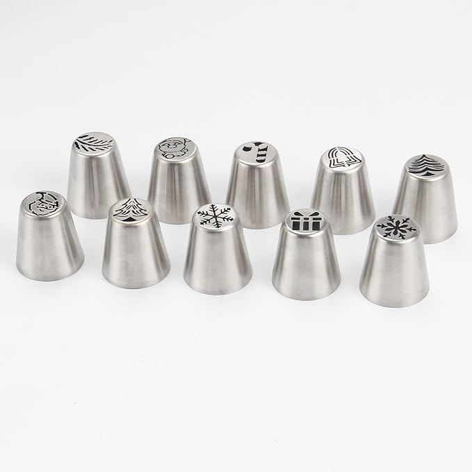 10PCS Christmas Russian Icing Tips Set, Stainless Steel Piping Nozzles for Cake, Cupcake Cookie Decorating – Includes 10 Creative Festive Frosting Tips with Christmas Designs