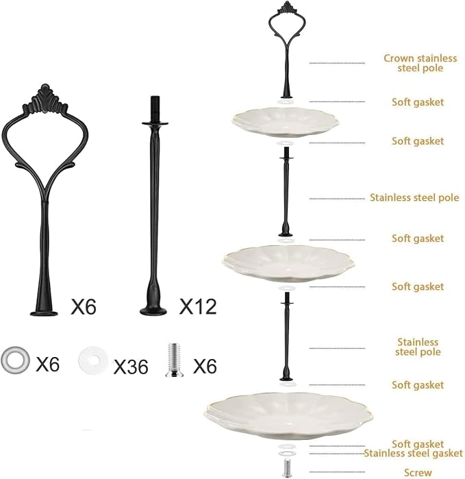 BetterJonny 6 Sets 3 Tier Cake Plate Stand Stand Handle, Cake Stand Hardware Handle Fittings Hardware Holder for Wedding and Party Making Dessert Platter Stand（Black）
