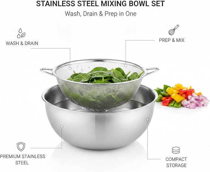 Stainless Steel Mixing Bowl Set with Nested Strainer for Washing, Draining, and Food Prep