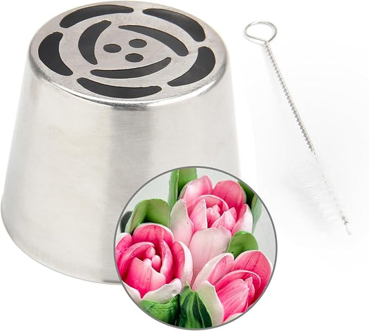 2-Piece Extra Large Stainless Steel Russian Flower Nozzle Set, Includes 1 Extra Large Nozzle and 1 Pagoda Brush, Rose Tulip Piping Tips for Cake Decorating, Dessert Baking Tool
