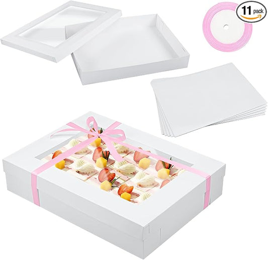 5 Set Full Sheet Cake Box 26 x 18 x 4 Inch with Cake Boards and Pink Satin Ribbon Large Rectangle Bakery Boxes with Window White Bakery Boxes for Packaging Cupcakes Muffins Pie