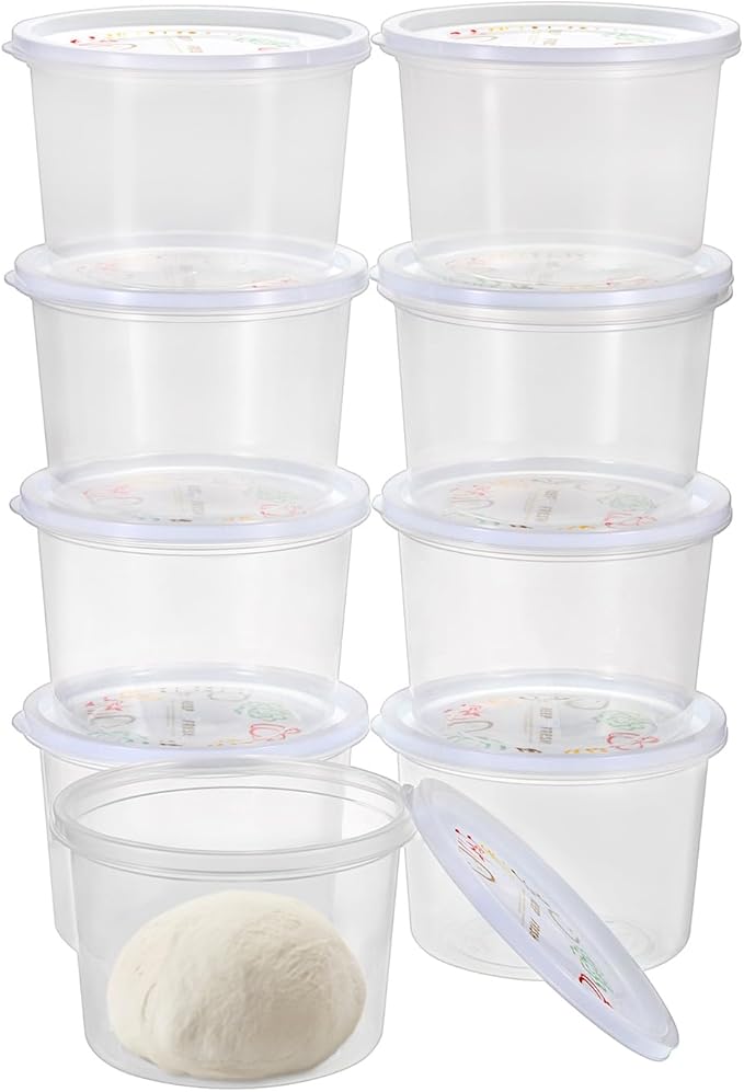 BSTKEY Round Pizza Dough Proofing Boxes, Set of 9 Stackable Food Storage Containers with Lid, 1100ml Clear Plastic Tray Fits for 300 Gram Pizza Dough, For Making 12-16" Pizzas