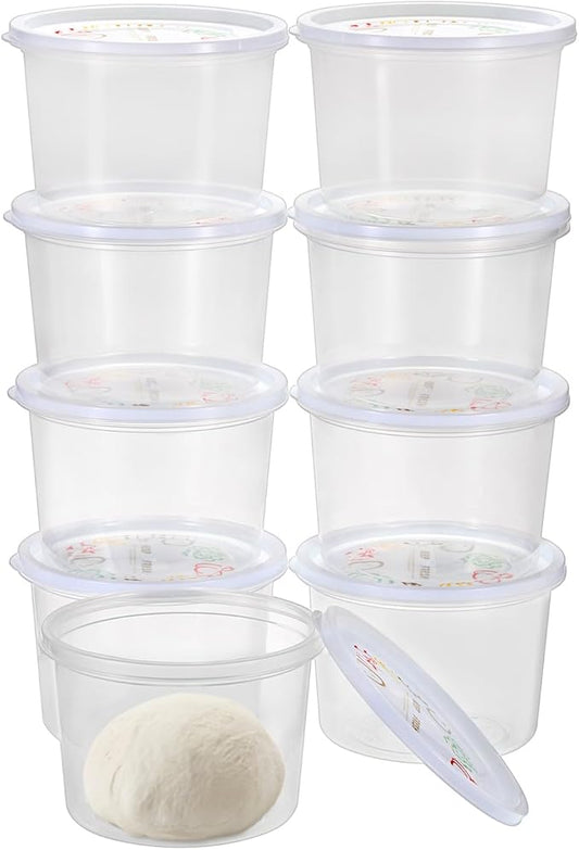 BSTKEY Round Pizza Dough Proofing Boxes, Set of 9 Stackable Food Storage Containers with Lid, 1100ml Clear Plastic Tray Fits for 300 Gram Pizza Dough, For Making 12-16" Pizzas